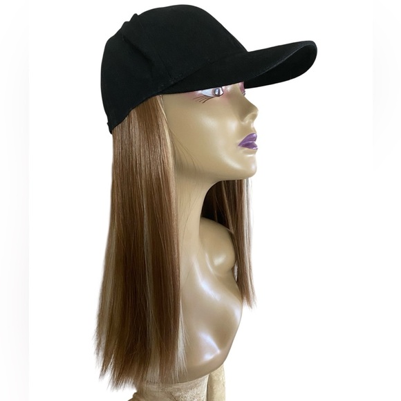 HAT WIG Black Ball Cap with 14” Mixed Blonde/Brown Wig Hair New - Picture 4 of 9